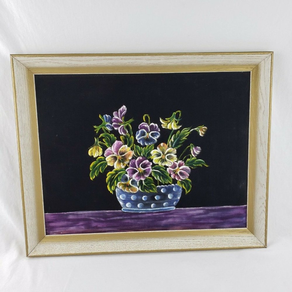 Vintage Oil Painted Purple Flowers On Velvet